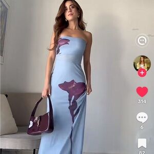 SAINTS & SECRETS Strapless Light Blue Floral-Print Maxi Dress Size:M